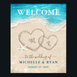 Hearts in the Sand Beach Wedding Welcome Party Poster<br><div class="desc">Create your own elegant welcome beach wedding signs using a simple DIY template that is not only easy to personalize, but downloadable as well. The unique, original watercolor beach art by Raphaela Wilson combines coastal ocean waves in soft hues of blue, and features 2 hearts drawn in the sand with...</div>
