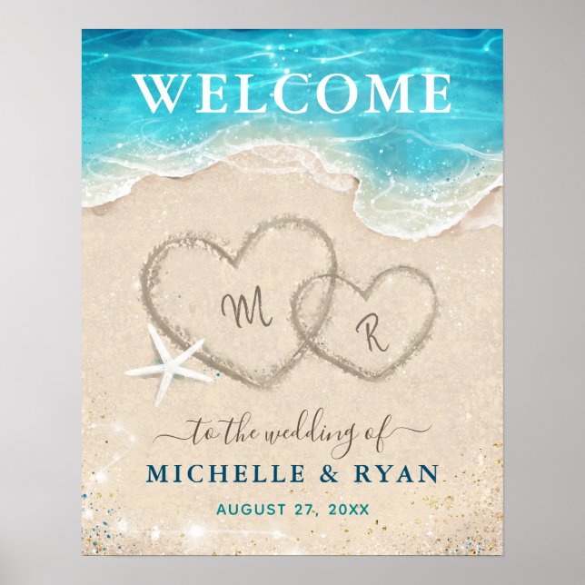 Hearts in the Sand Beach Wedding Welcome Party Poster (Front)