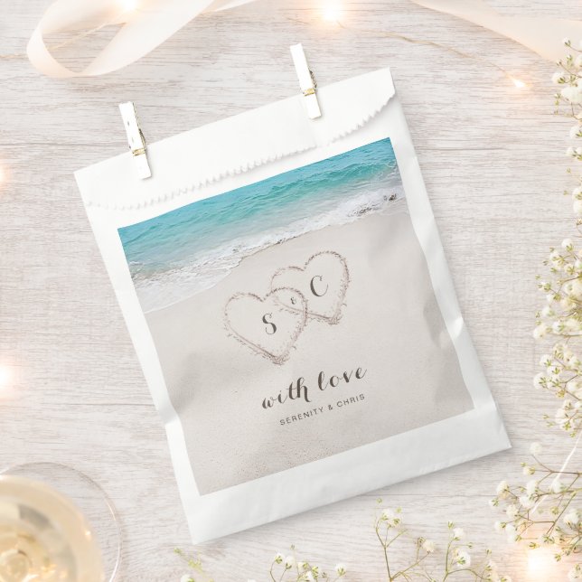 Hearts in the sand destination beach wedding favour bag (Clipped)