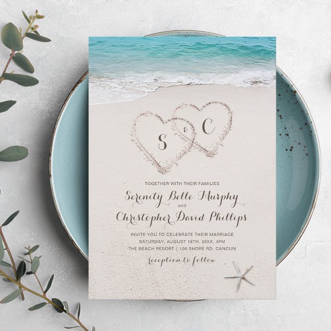 Hearts in the sand destination beach wedding invitation (Hearts in the sand destination beach wedding invitation)