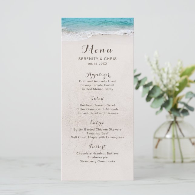 Hearts in the sand destination beach wedding menu (Standing Front)
