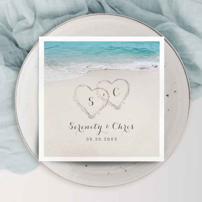 Hearts in the sand destination beach wedding napkin (Hearts in the sand destination beach wedding napkins)