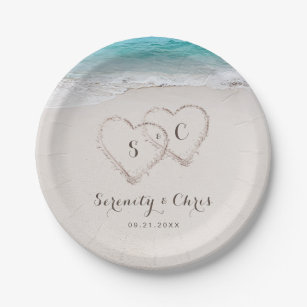 Hearts in the sand destination beach wedding paper plate