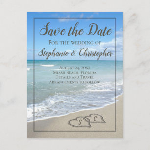 Hearts in the Sand Monogram Save the Date Wedding Announcement Postcard
