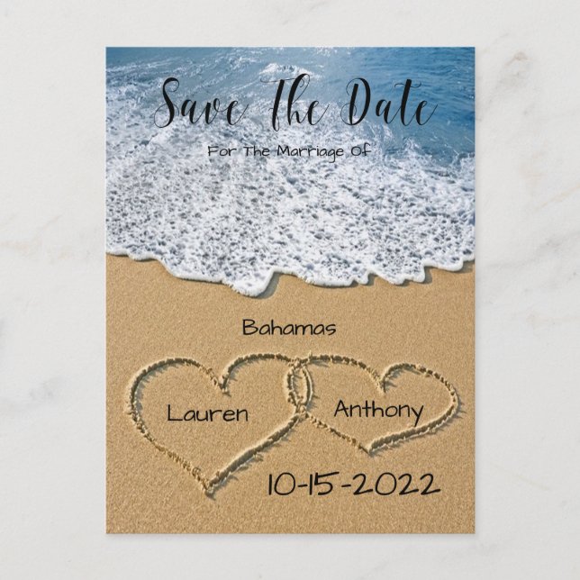 Hearts In The Sand On Beach Wedding Save The Date Postcard (Front)