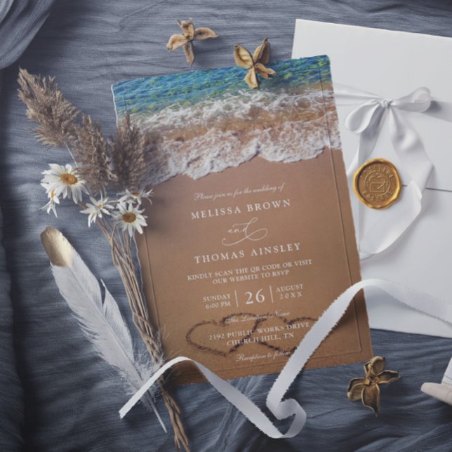 Hearts in the Sand Summer Beach QR Code Wedding Invitation (Creator Uploaded)