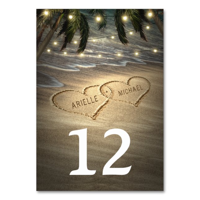 Hearts in the Sand Wedding Table Number Cards (Front)