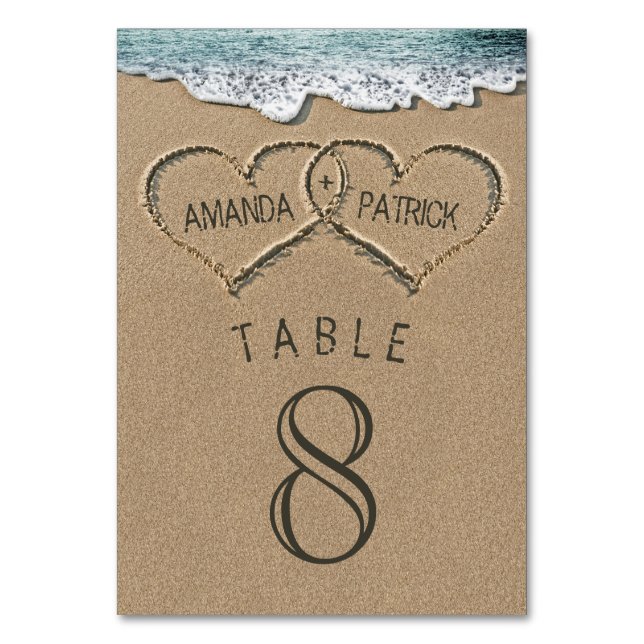 Hearts in the Sand Wedding Table Number Cards (Front)