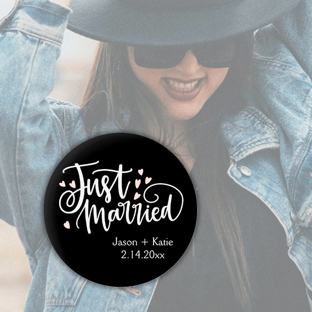 HEARTS Just Married Script Names Wedding Date 2 Inch Round Button (Just Married Personalized Button)
