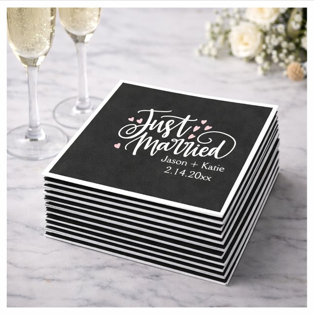 HEARTS Just Married Script Names Wedding Day Napkin (Creator Uploaded)