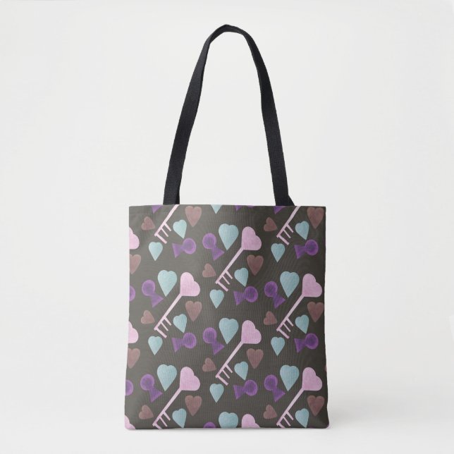 Hearts Key Locket Hand Watercolored Tote Bag (Front)