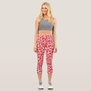 Hearts Leopard Pattern in Red on Blush Capri Leggings