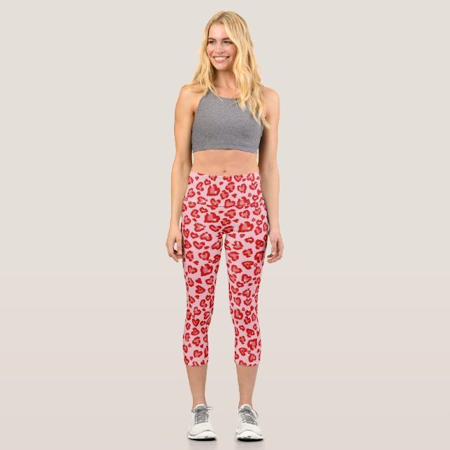 Hearts Leopard Pattern in Red on Blush Capri Leggings (Front)