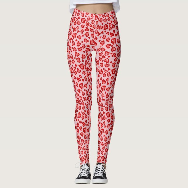 Hearts Leopard Pattern in Red on Blush Leggings (Front)