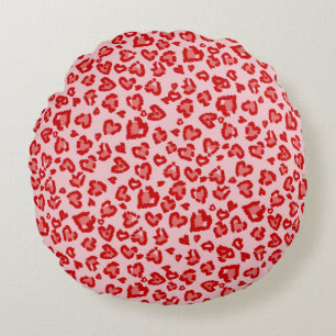 Hearts Leopard Pattern in Red on Blush Round Pillow
