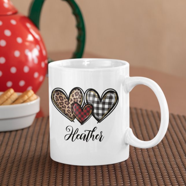 Hearts Leopard Plaid Valentine's day Personalized Coffee Mug (Creator Uploaded)