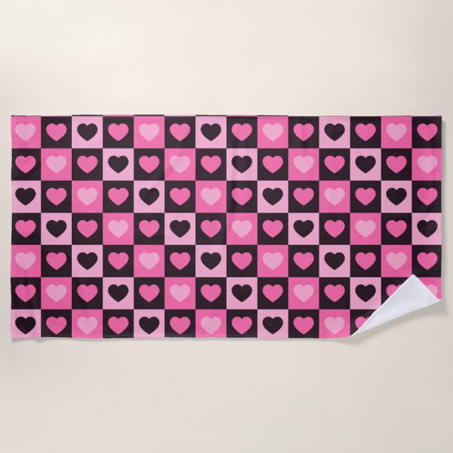 Hearts light pink hot pink dark burgundy Chequered Beach Towel (Front)