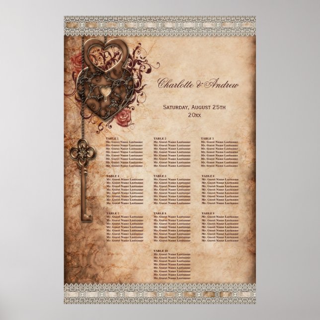 Hearts Lock and Key Wedding 10 Table Seating Chart (Front)