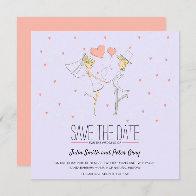 Hearts Love Bride and Groom Cartoon Save The Date Invitation (Front/Back)