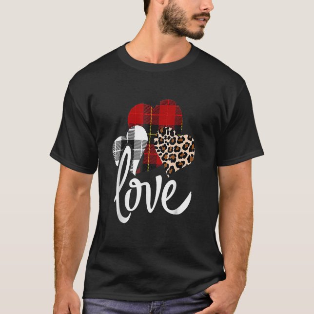 Hearts Love Leopard Buffalo Plaid Valentines Day W T-Shirt (Front)