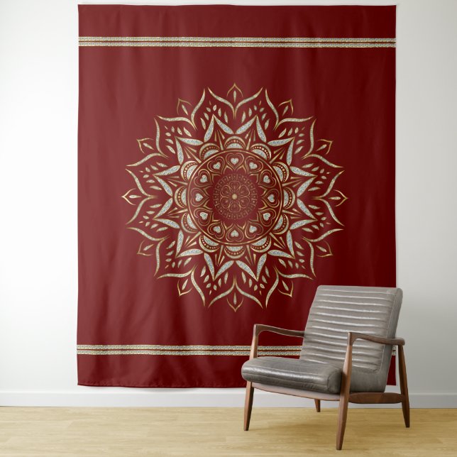 Hearts Mandala On a  Black Background Tapestry (In Situ)