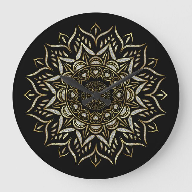 Hearts mandala White and gold faux glitter texture Large Clock (Front)