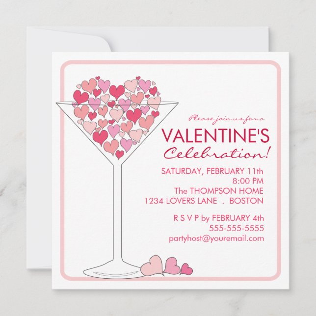 Hearts Martini Valentines Invitation à la fête du  (Devant)