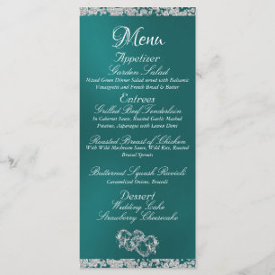 Hearts, Monogram & Glitter - Teal Wedding Menu