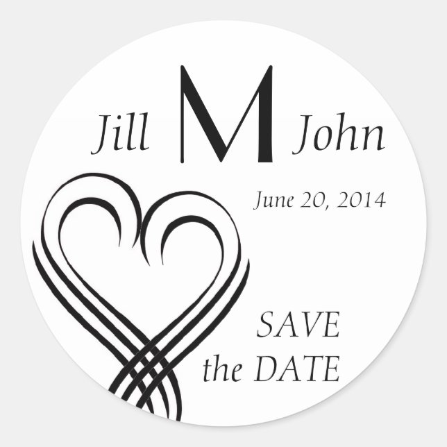 Hearts Monogram Names Save the Date Stickers (Front)