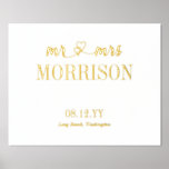 Hearts Mr & Mrs Last Name Wedding Date Foil Prints<br><div class="desc">Romantic wedding print with mr & mrs connected with interlocked hearts,  your shared last name in elegant tall letters,  your wedding date,  and wedding location,  all in gold foil on a white background.</div>