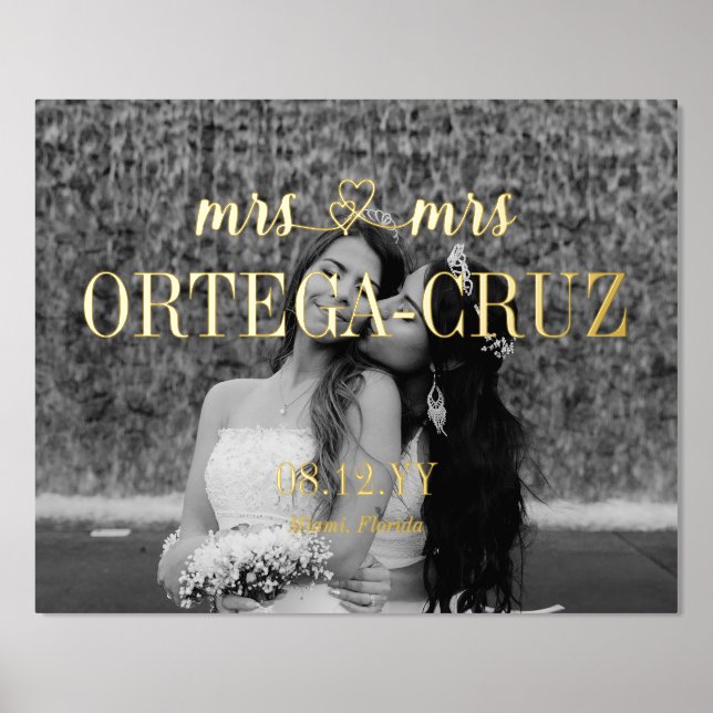 Hearts Mrs & Mrs Last Name Lesbian Wedding Photo Foil Prints (Front)