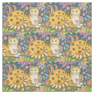 Hearts N' Stripes Tabby CAT FOLK ART FABRIC