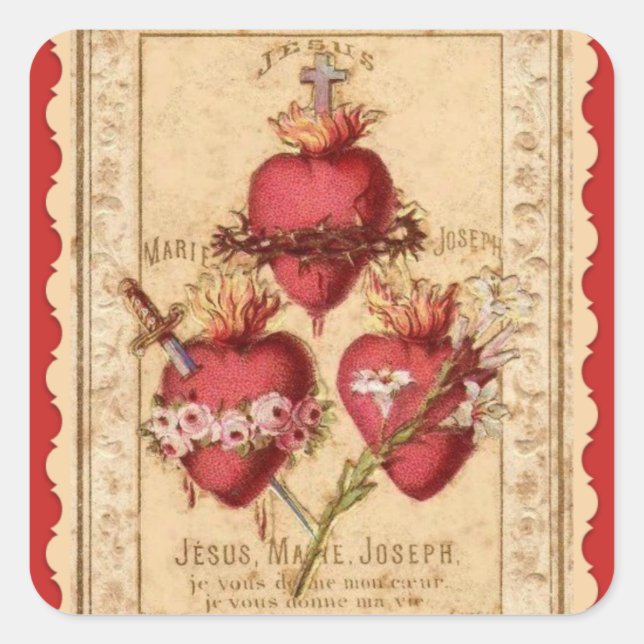 Hearts of Jesus & Mary & St. Joseph Square Sticker (Front)