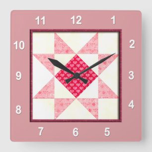 Hearts of Love Quilt Block in Pink Square Wall Clock