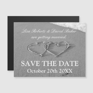 Hearts on beach photo magnet save the date cards