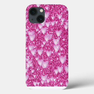 Hearts on Sparkling glitter print, pink iPhone 13 Case