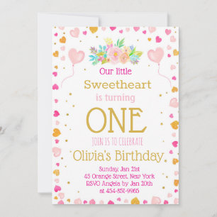 Hearts or Valentine First Birthday invitation cute