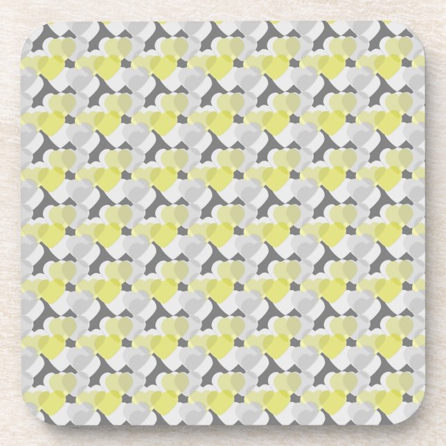 Hearts Overlay Yellow and Grey Pattern Coaster (Front)