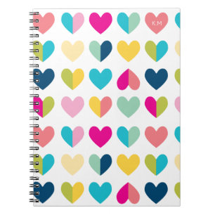 HEARTS pattern colourful modern rainbow initials Notebook
