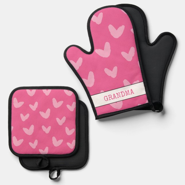 Hearts Pattern Pink Sweet Love Artisan GRANDMA Oven Mitt & Pot Holder Set (Front/Back)