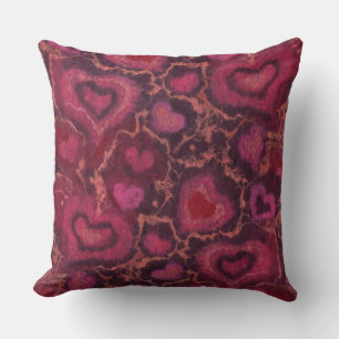 “Hearts” pattern, red, burgundy & pink, fibre art Throw Pillow