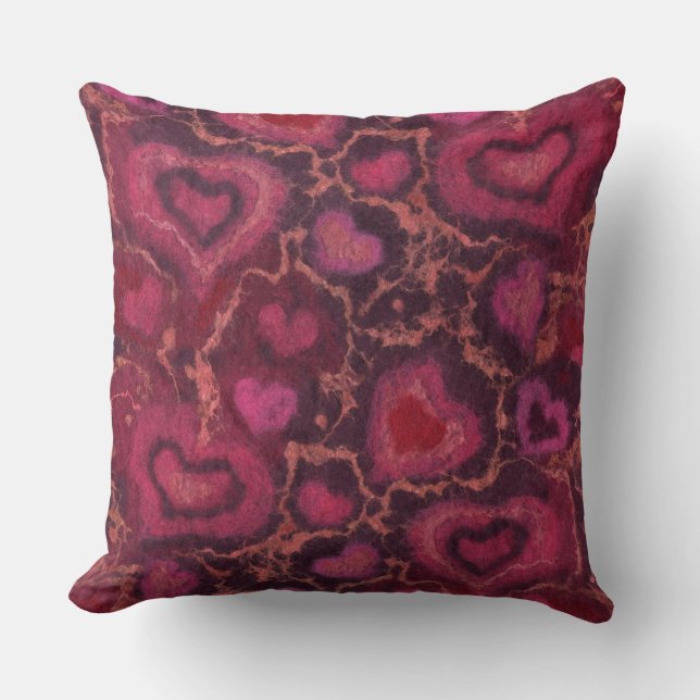 “Hearts” pattern, red, burgundy & pink, fibre art Throw Pillow (Front)