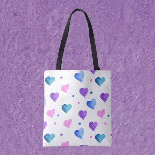 Hearts Pattern Watercolor Pink Blue Purple Tote Bag