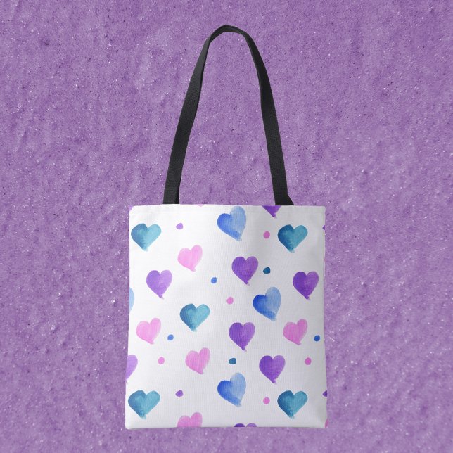 Hearts Pattern Watercolor Pink Blue Purple Tote Bag (A tote bag with a watercolor pattern of hearts and dots in pink, blue and purple.)