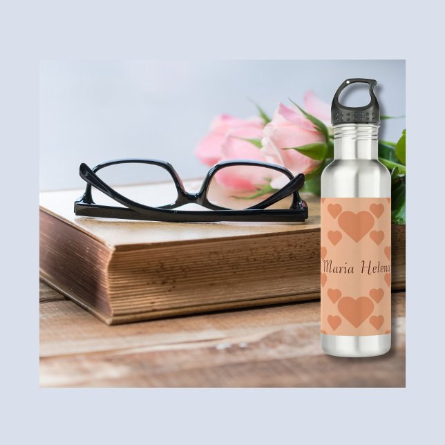Hearts Peach Fuzz Custom Name or text 710 Ml Water Bottle (Peach Hearts text with customisable name Water bottle. Multilingual Project.)