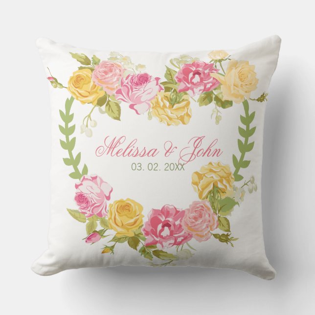Hearts Pink And Yellow Roses Throw Pillow (Front)