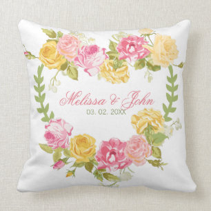 Hearts Pink And Yellow Roses Throw Pillow
