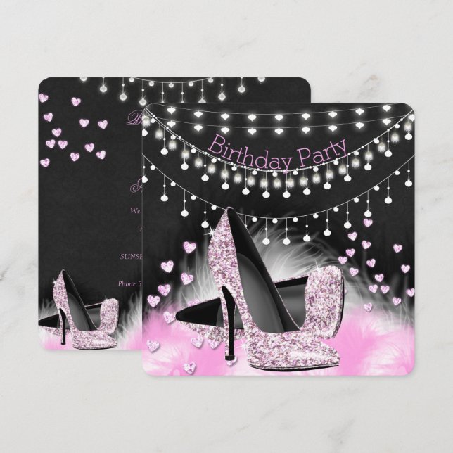 Hearts Pink High Heels Birthday Chalkboard Lights Invitation (Front/Back)