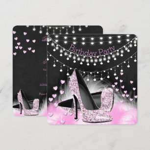 Hearts Pink High Heels Birthday Chalkboard Lights Invitation