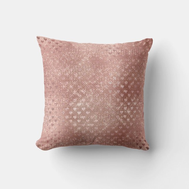 Hearts Pink Rose Gold Blush Sequin Metallic Throw Pillow (Front)